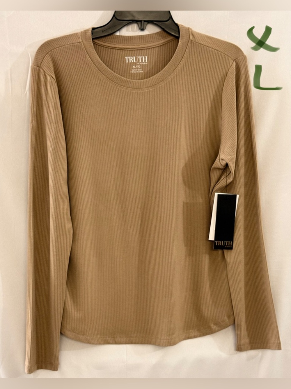 Truth Ribbed Long-Sleeve Crewneck Top - Tan